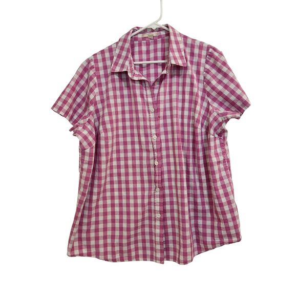 Woman Within Casual Button Up Shirt Short Sleeve Pink Checkered Size XL 18/20 - Picture 1 of 8